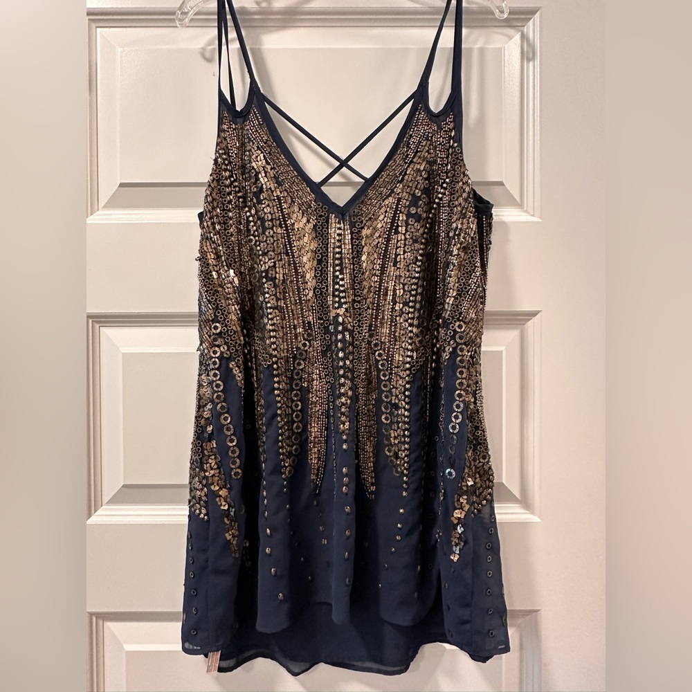 Free People Midnight Blue Top with Bronze Metal Accents sz Sm